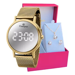 Relógio Champion Feminino Dourado Luxo + Colar E Brincos 18k