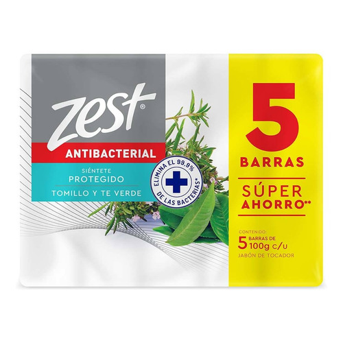 Jabón En Barra Zest Antibacterial Con Tomillo Y Té Verde 5 Barras De 100g