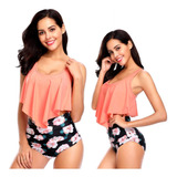 Oh Vicky! Malla Baño Tankini Estampado 2 Pcs Tiro Alto Negro