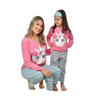 Pijama Mãe E Filha Unicórnio Feminino Longo De Inverno Fecha