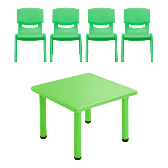 Mesa Plastico Infantil 60x60x50 + 4 Sillas Verde