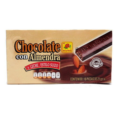 DE LA ROSA CHOCOLATE SUIZO ALMENDRA 16 PIEZAS De 21 GR