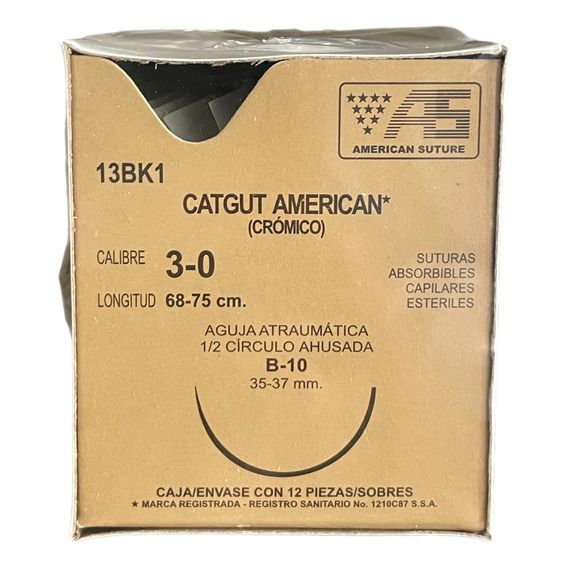Sutura Catgut Cromico 3-0  1/2 Circulo 35-37mm American