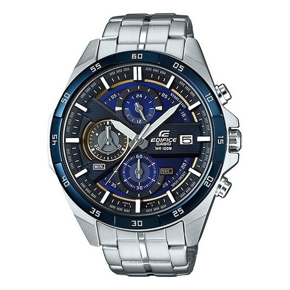 Reloj pulsera Casio Edifice EFR-556 de cuerpo color plateado, analógico, fondo azul, con correa de acero inoxidable color plateado, agujas color gris y blanco, dial blanco, subesferas color azul y gri