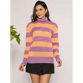 Blusa Tricô Gola Alta De Listrada Feminina Tendência Da Moda