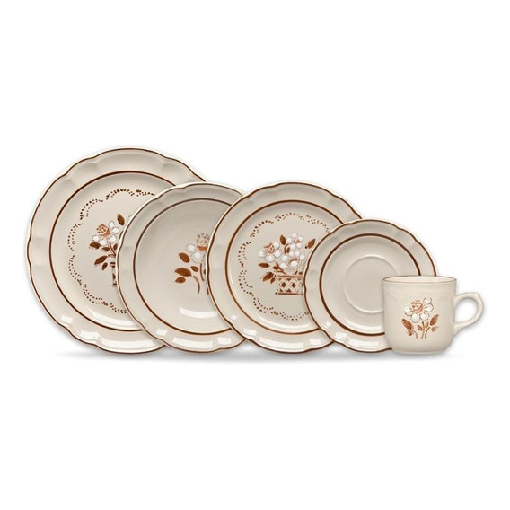 Vajilla De Mesa Ceramica Flor De Otoño 30 Pz Santa Anita Color Crema