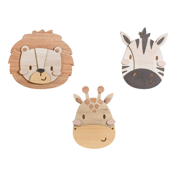 Tres Cuadros Caritas De Animales Deco Infantil