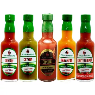 Kit 5 Pimenta Molho 60ml Cayena Cumari Habanero Bhut Malague