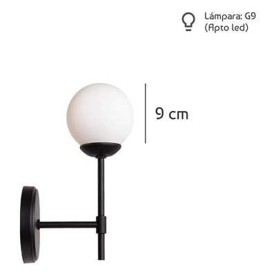 Aplique 1 Luz Negro Globo Opal Apto Led G9 Medusa Deco