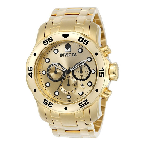 Reloj pulsera Invicta Pro Diver Scuba 0074 de cuerpo color dorado, analógico, para hombre, fondo dorado, con correa de acero inoxidable color dorado, agujas color blanco y negro, dial blanco y negro, 