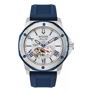 Reloj Bulova Marine Star Blue Original Hombre Time Square Correa Azul Bisel Plateado