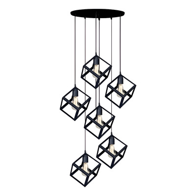 Colgante 6 Luces Jaula Cubo Base 48cm Moderno Apto Led 1007 Negro