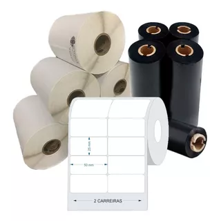 Kit 10 Rolos Etiqueta Couche 50x25 (mm) 2 Colunas + 5 Ribbon Cor Branco