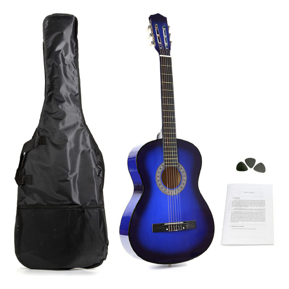 Guitarra Criolla Clasica Femmto Cg001 De Color Azul Para Mano Derecha Con Funda Y Puas