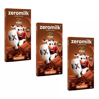 Kit 3 Chocolate Vegano Sem Lactose 40% Cacau Zeromilk 80g