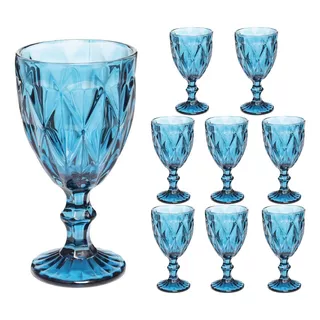 Kit 8 Copos Taça De Vidro Azul Diamante 300ml P/ Agua Vinho