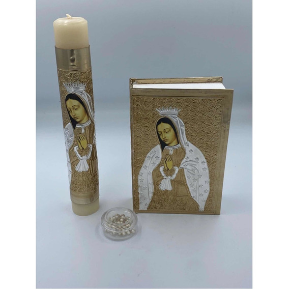 Vela Primera Comunion Ceremonia Kit Biblia Rosario Virgen