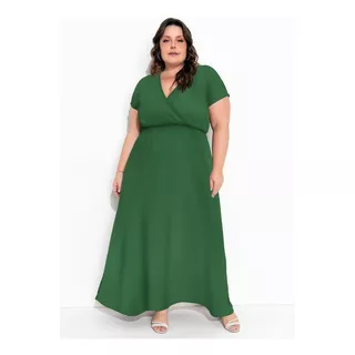 Vestido Plus Size Longo Franzido Decote V Mangas Curtas