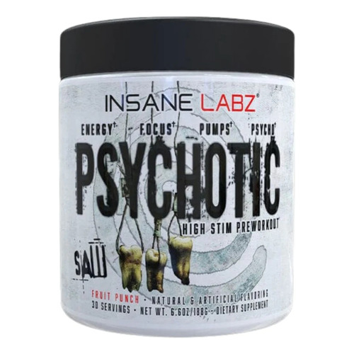 Suplemento en polvo Insane Labz  Psychotic SAW cafeína sabor fruit punch en pote de 188g