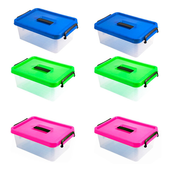 6 Cajas Plásticas Multiusos De 10 Litros Colores Surtidos