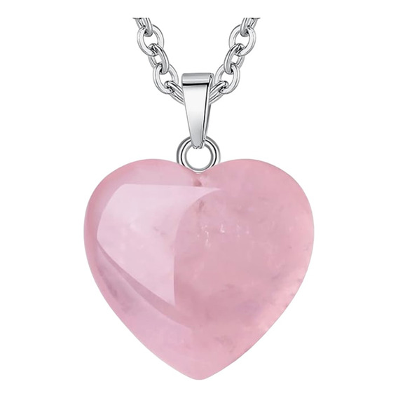 Collar De Cuarzo De Corazon Rosado  - Cadena Bañada En Plata