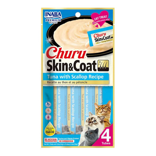 Snack Para Gatos Inaba Churu Skin Coat Atún Y Ostiones 56gr