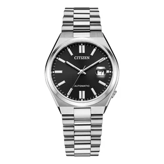 Reloj Citizen Nj015081e Para Hombre Triple Manecilla Acero Malla Plateado Bisel Plateado Fondo Negro