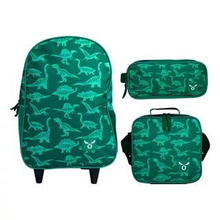 Pack Kids: Mochila Con Ruedas  Lonchera  Estuche Color Verde Diseño De La Tela Dinosaurio