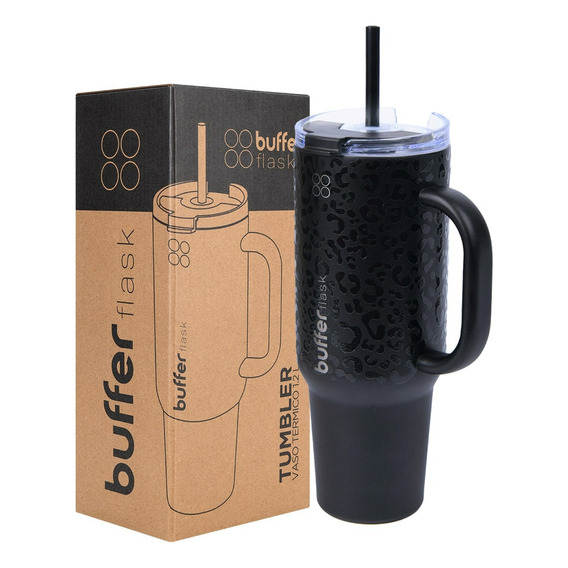 Vaso Termico Extra Grande Buffer 1.2l Doble Tapa + Bombilla Color Black Leopard Bora Bora 40