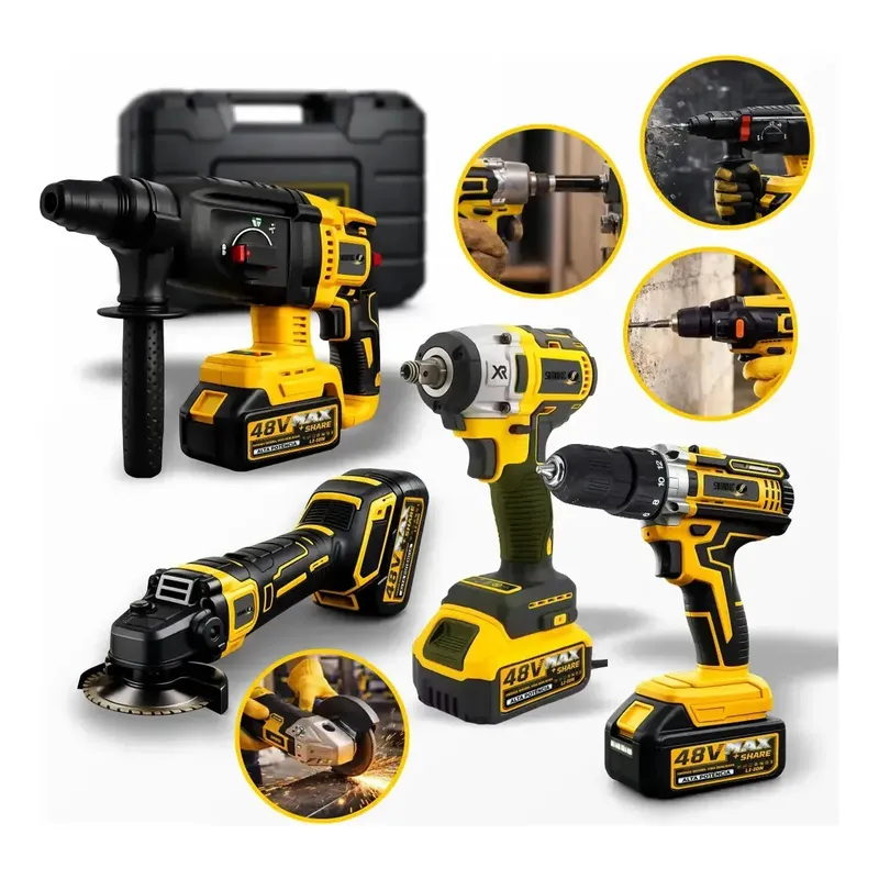 Kit 4 em 1 Multi Ferramentas 2 Baterias 48v Furadeira e Parafusadeira Esmerilhadeira Martelete Chave de Impacto