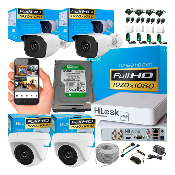 Kit Hikvision Hilook Dvr 1080 4ch + 4 Cámaras 1080p +accesor