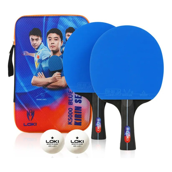 Pack X2 Paletas Loki De Ping Pong + 2 Pelotas + Estuche Color Azul-negro Tipo De Mango Fl (cóncavo)