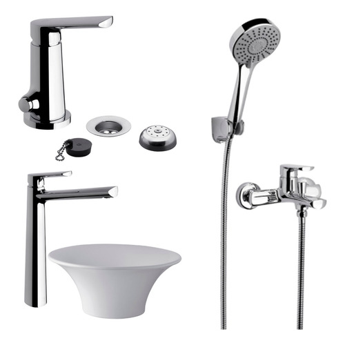 Combo Griferias Fv Aromo Bidet + Lavat Alto + Ducha Ext Ahora 12 Y 18 Color Cromo