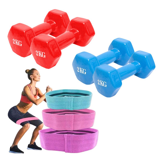 Pack Bandas Elásticas X3 + 2 Mancuernas 2 Kg C/u Fitness