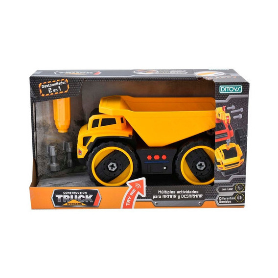 Camión Construction Truck Workers Orig. Ditoys 2342 Quepeños Color Amarillo negro Personaje volcador