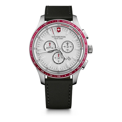 Reloj pulsera Victorinox Alliance Alliance sport chronograph de cuerpo color plateado, analógico, para hombre, fondo blanco, con correa de cuero color negro, agujas color blanco y plateado, dial blanco, subesferas color blanco y negro, minutero/segundero negro, bisel color rojo y hebilla simple