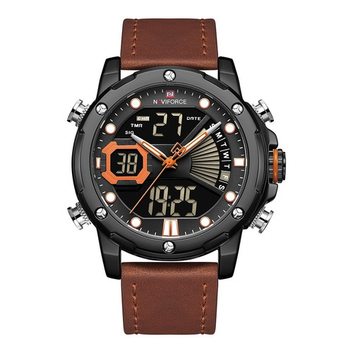 Reloj pulsera Naviforce NF9172 con correa de cuero color marrón - fondo negro