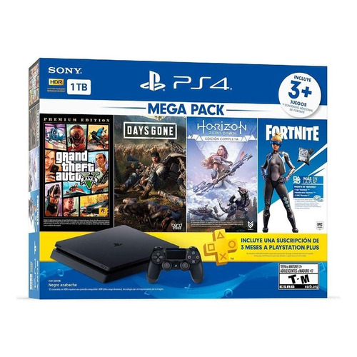 Sony PlayStation 4 Slim 1TB Mega Pack: Grand Theft Auto V Premium Edition/Days Gone/Horizon Zero Dawn Complete Edition/Fortnite color  negro azabache