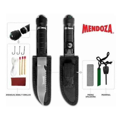 Cuchillo Con Kit De Supervivencia Y Brújula Mendoza Mc-005 Color Negro