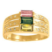 Anel Ouro 18k Turmalina Rosa E Verde, Citrino E Diamantes