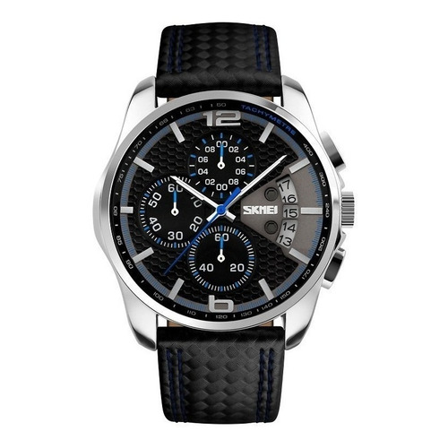 Reloj pulsera Skmei 9106 con correa de cuero color negro/azul - fondo negro