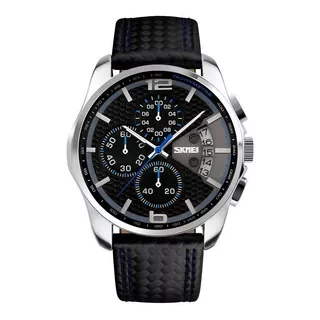 Reloj Pulsera Skmei 9106 De Cuerpo Color Plateado, Analógico, Para Hombre, Fondo Negro, Con Correa De Cuero Color Negro Y Azul, Agujas Color Blanco Y Azul, Dial Plateado, Subesferas Color Negro, Minut