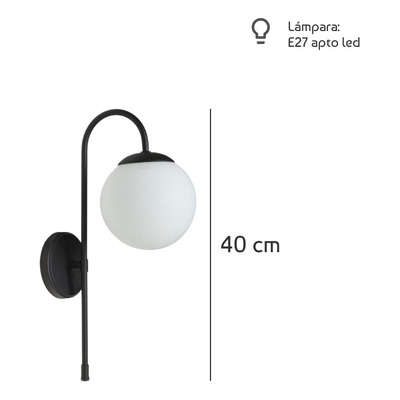 Aplique Curvo Large Negro Con Globo 15cm. E27 Luz Desing Negro/opal