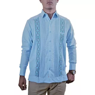 Guayabera Yucateca, Manga Larga, Azul Cielo, Bordado Grecas