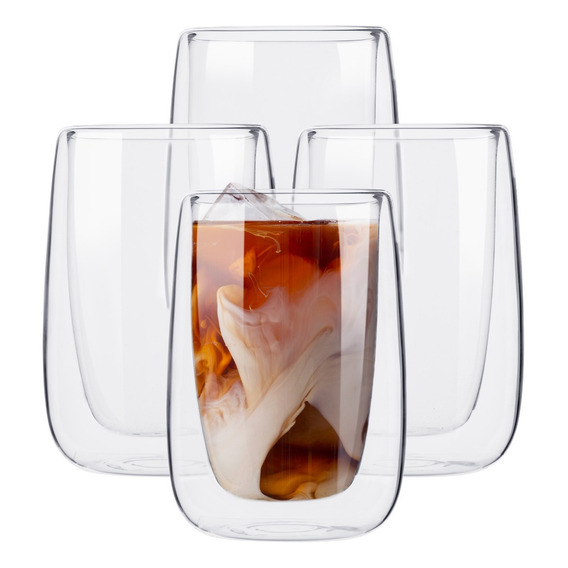 Vasos De Vidrio Doble Pared 4 Pz Fondo Curvo Cristal 400 Ml, Ideal Para Capuchino, Vino o Jugo , Conservan la Temperatura de Bebidas Frías. Elegancia y versatilidad