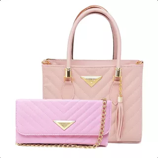 Kit Bolsa Feminina Rosa Média E Bolsa Balada Luxo Corrente