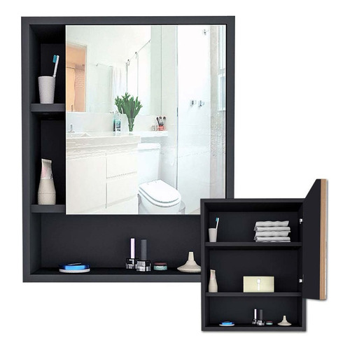Botiquin Gabinete Puerta Y Gran Espejo Estantes Para Baño Mueble Negro/castaño