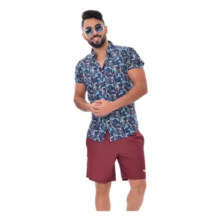 Camisa Floral Masculina Manga Curta Barata Praia Social Slim