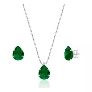 Colar Prata 925 Zirconia Conjunto Gota Brinco E Pingente Cor Verde