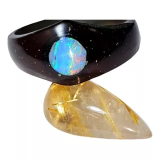 Anel Tucum Pedra Opala Rara + Crystal Rutilo Dourado 7,12 Ct